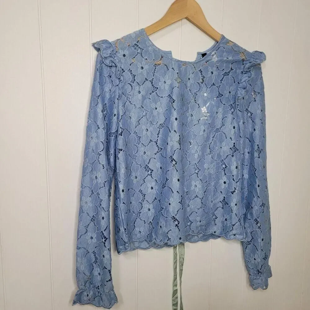 H&M Divided Top Women's 6 Blue Cropped Crochet Lace Coquette Fairy Boho New